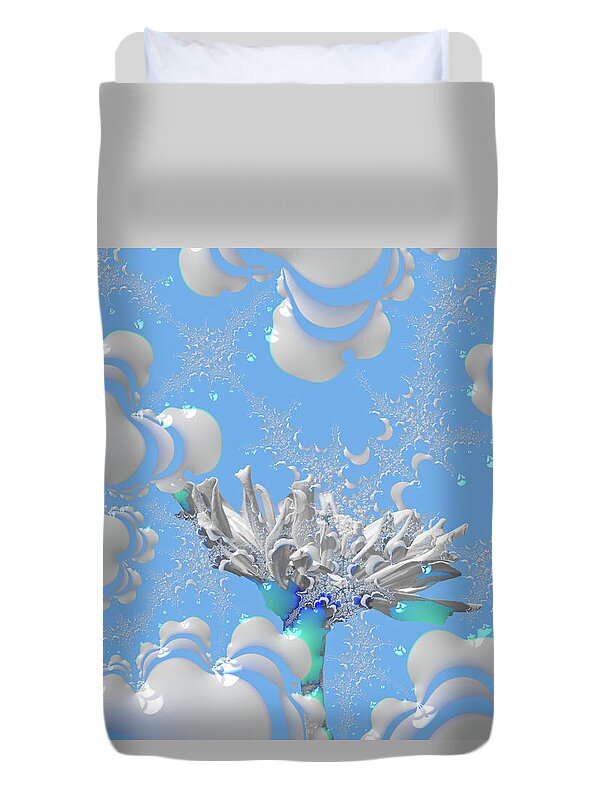 White Flowers with Bubbly Whites, Teals and Blues 1 - Duvet Cover