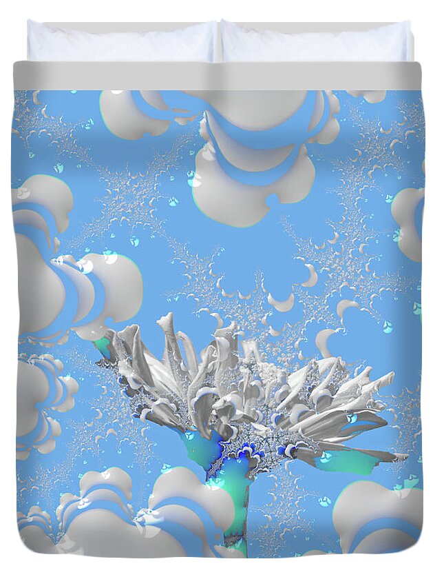 White Flowers with Bubbly Whites, Teals and Blues 1 - Duvet Cover