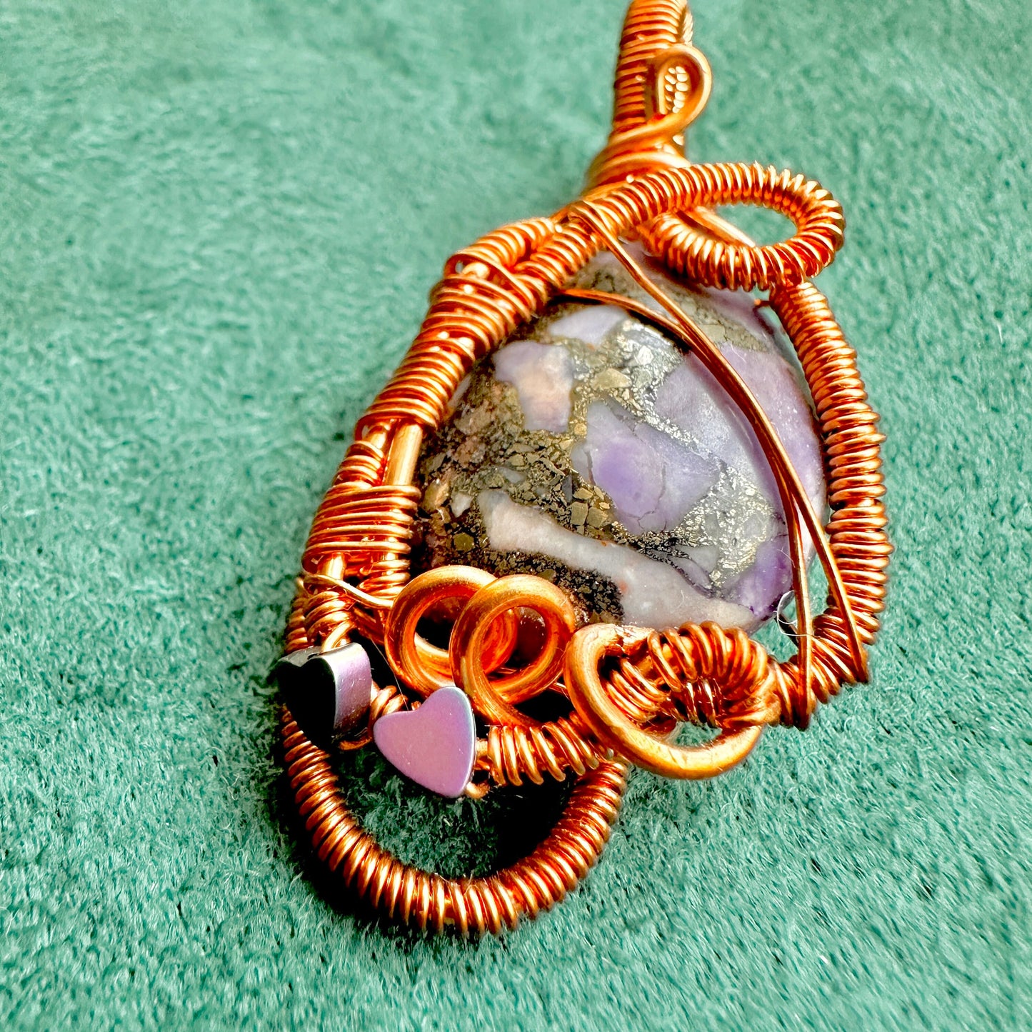 Purple Hearts Sea Sediment Jasper Copper wrapped Pendant