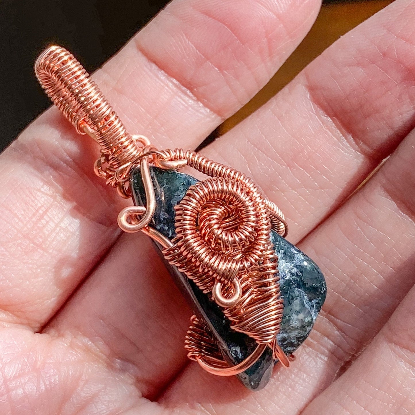 Abundance in New Beginnings Moss Agate Copper Wire wrapped Pendant