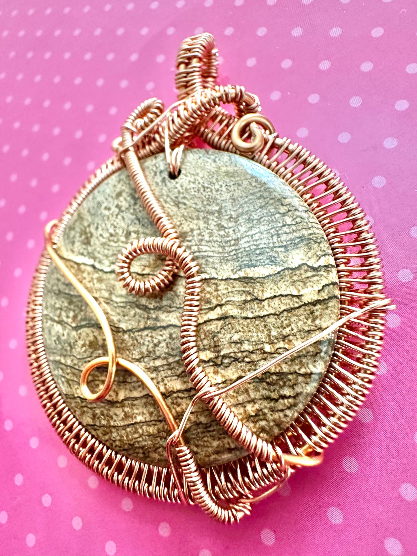 Harmonious Memories of the Past Copper Wrapped Picture Jasper Pendant