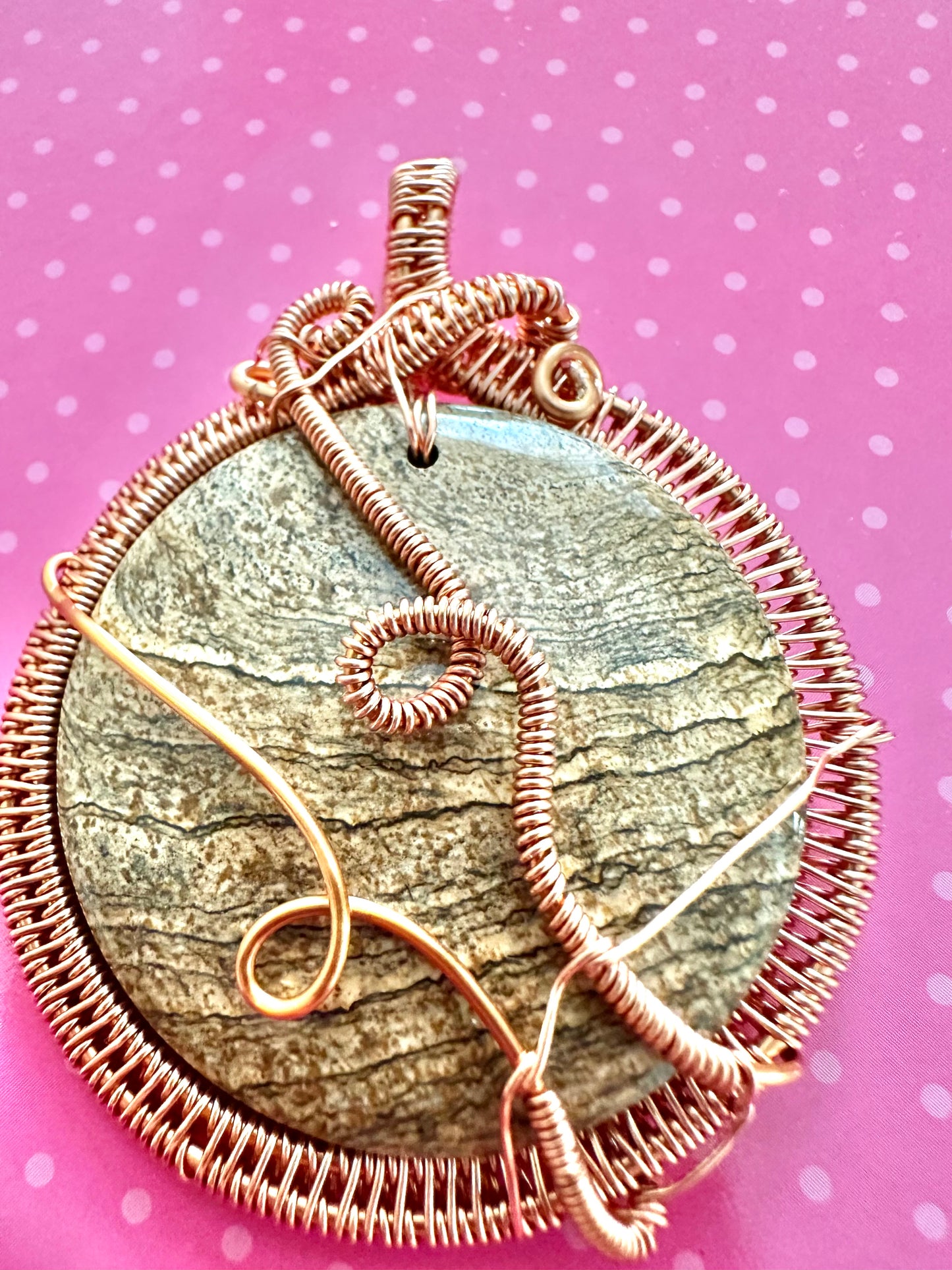Harmonious Memories of the Past Copper Wrapped Picture Jasper Pendant