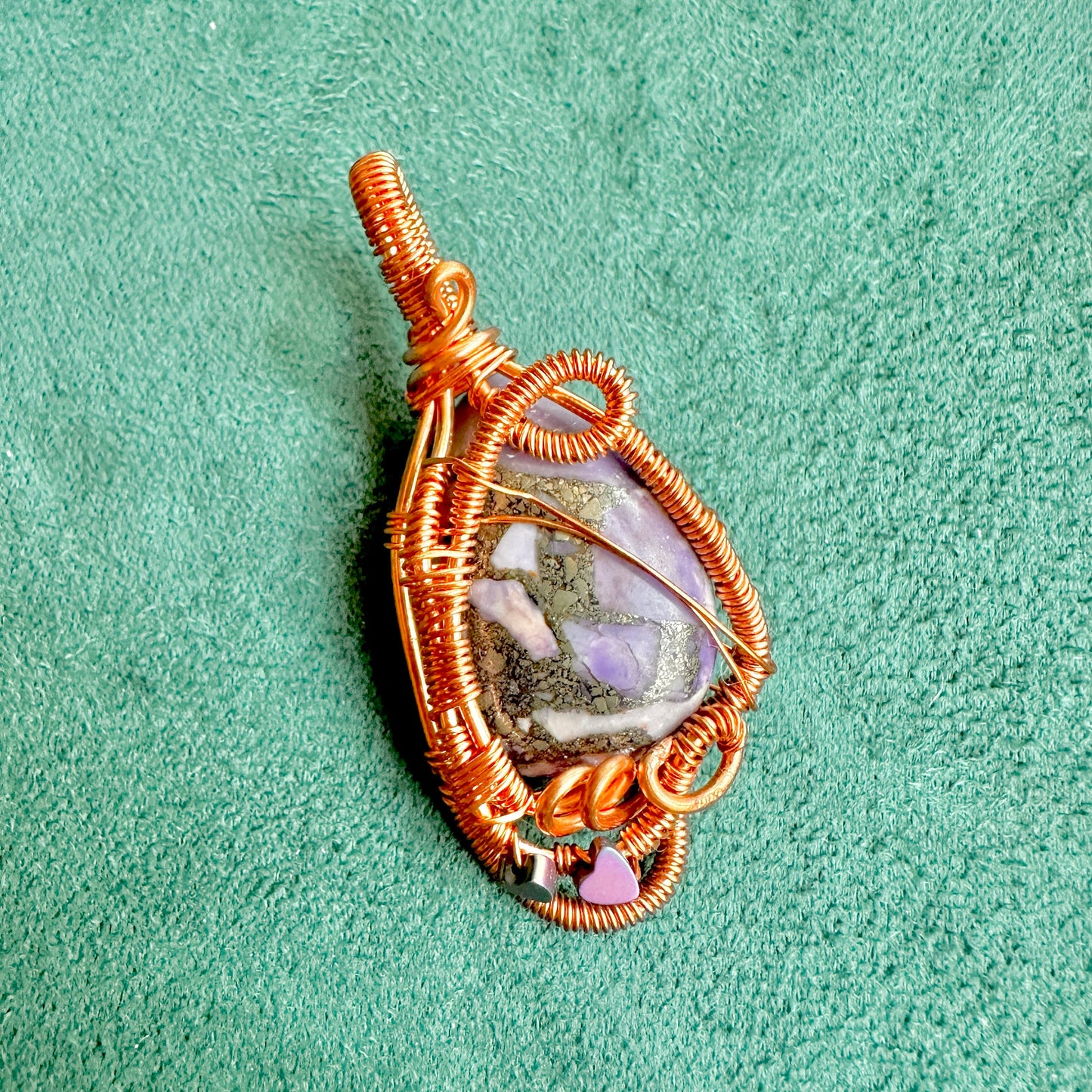 Purple Hearts Sea Sediment Jasper Copper wrapped Pendant