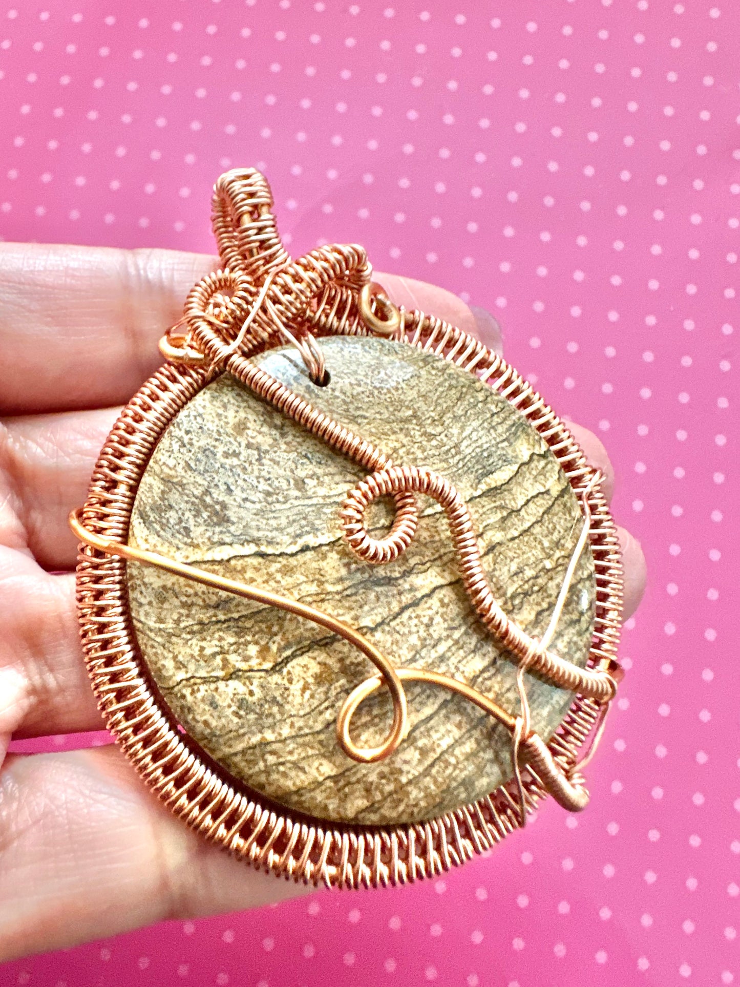 Harmonious Memories of the Past Copper Wrapped Picture Jasper Pendant
