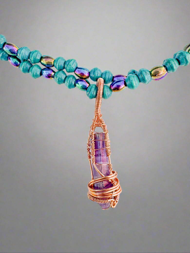 Copper Wrapped Amethyst and Wood and Hematite Beaded Necklace