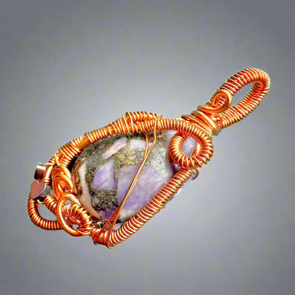 Purple Hearts Sea Sediment Jasper Copper wrapped Pendant