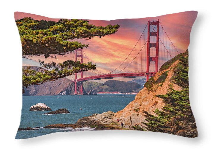 Baker Beach Scenic View of Golden Gate Bridge - Throw Pillow