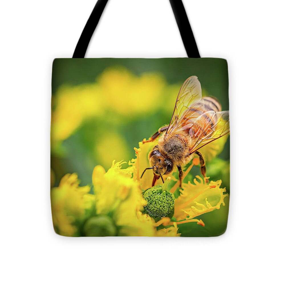 Bee Collecting Pollen on a Flower - Tote Bag