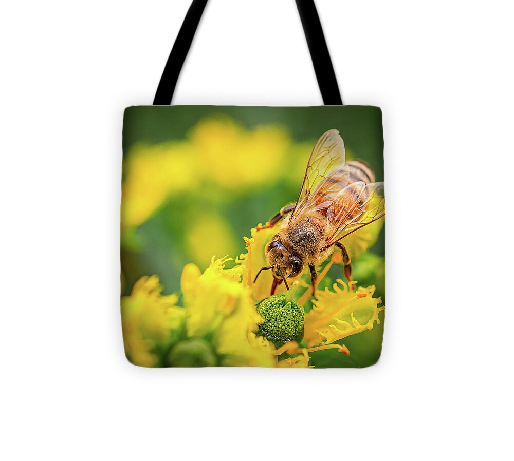 Bee Collecting Pollen on a Flower - Tote Bag