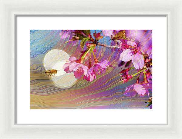 Bee Flying into a Flower with an Orb and Colorful Overlay - Framed Print