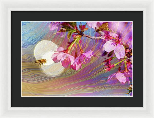 Bee Flying into a Flower with an Orb and Colorful Overlay - Framed Print