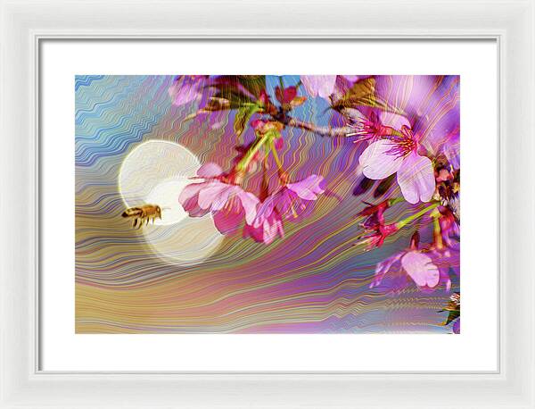 Bee Flying into a Flower with an Orb and Colorful Overlay - Framed Print