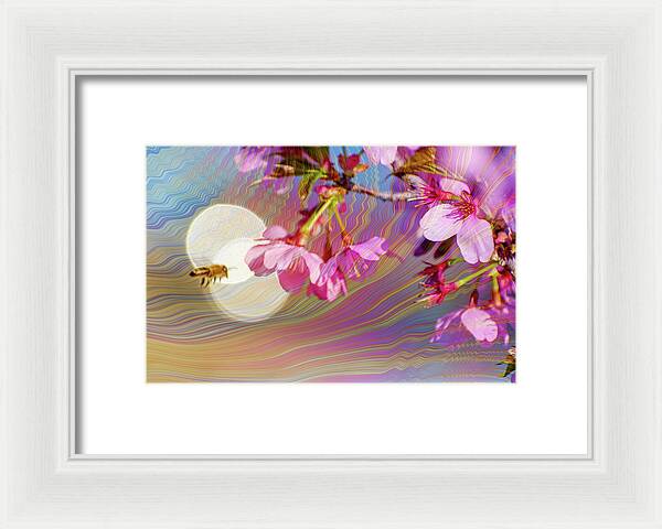 Bee Flying into a Flower with an Orb and Colorful Overlay - Framed Print