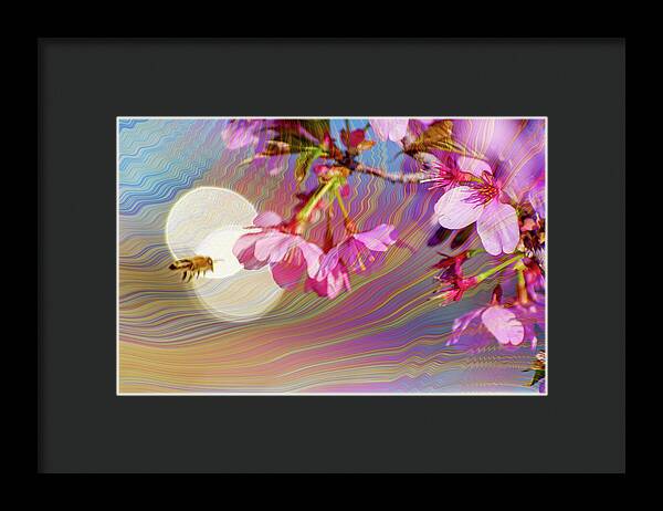 Bee Flying into a Flower with an Orb and Colorful Overlay - Framed Print