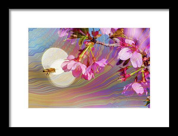 Bee Flying into a Flower with an Orb and Colorful Overlay - Framed Print