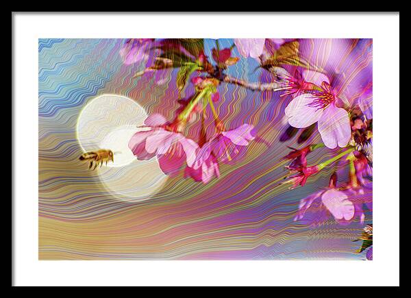 Bee Flying into a Flower with an Orb and Colorful Overlay - Framed Print