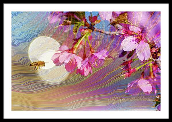 Bee Flying into a Flower with an Orb and Colorful Overlay - Framed Print