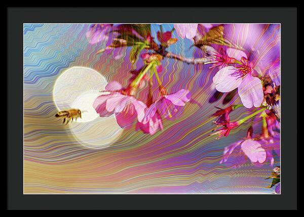 Bee Flying into a Flower with an Orb and Colorful Overlay - Framed Print