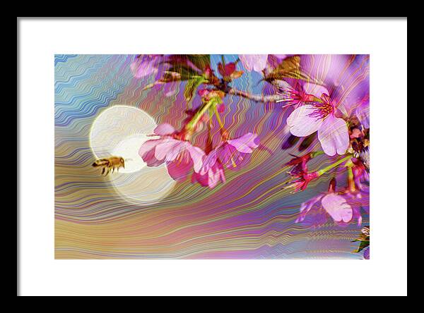 Bee Flying into a Flower with an Orb and Colorful Overlay - Framed Print