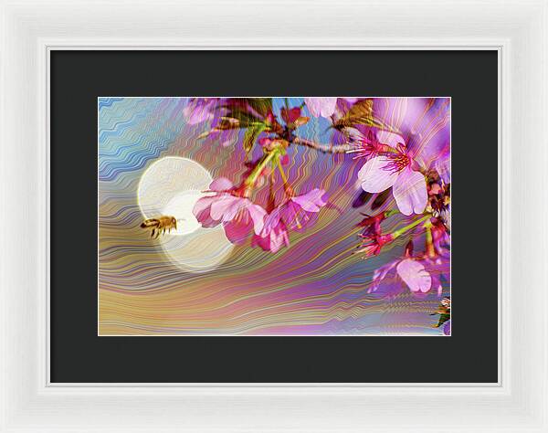 Bee Flying into a Flower with an Orb and Colorful Overlay - Framed Print