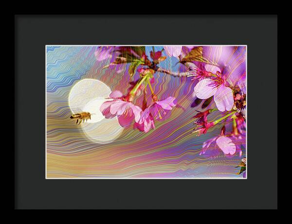 Bee Flying into a Flower with an Orb and Colorful Overlay - Framed Print