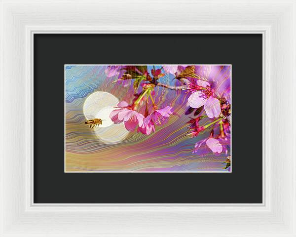 Bee Flying into a Flower with an Orb and Colorful Overlay - Framed Print