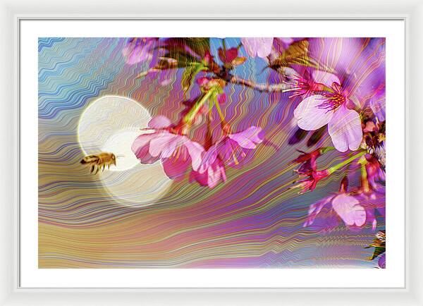 Bee Flying into a Flower with an Orb and Colorful Overlay - Framed Print
