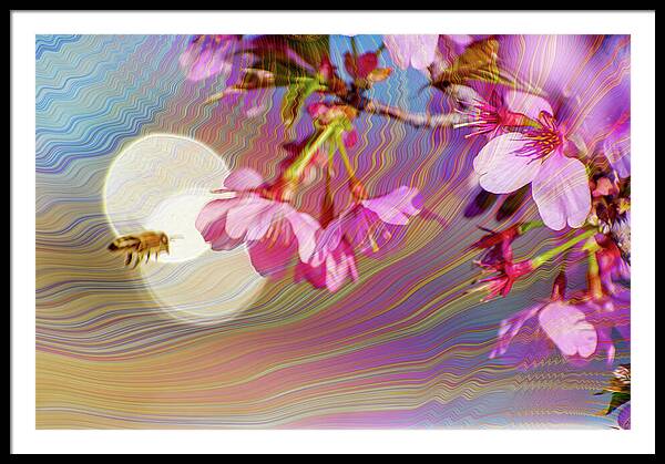 Bee Flying into a Flower with an Orb and Colorful Overlay - Framed Print