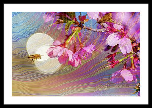Bee Flying into a Flower with an Orb and Colorful Overlay - Framed Print