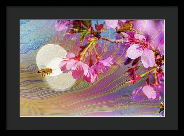 Bee Flying into a Flower with an Orb and Colorful Overlay - Framed Print