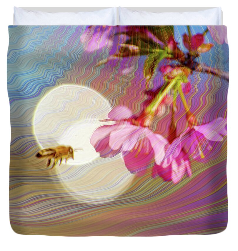 Bee Flying into a Flower with an Orb and Colorful Overlay - Duvet Cover