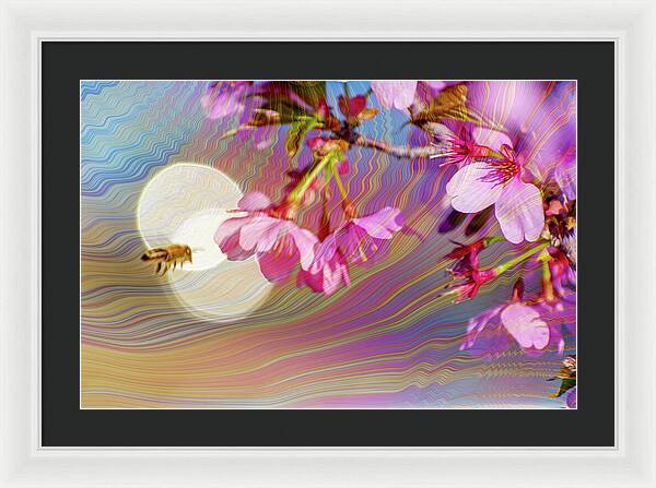 Bee Flying into a Flower with an Orb and Colorful Overlay - Framed Print