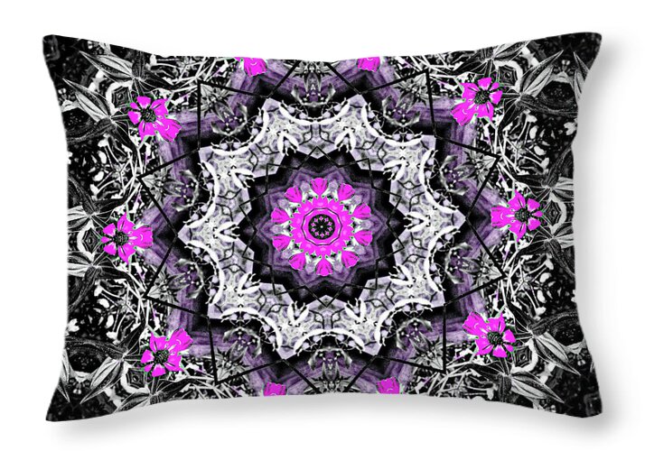 Black, white and Magenta Flowers Mandala - Throw Pillow
