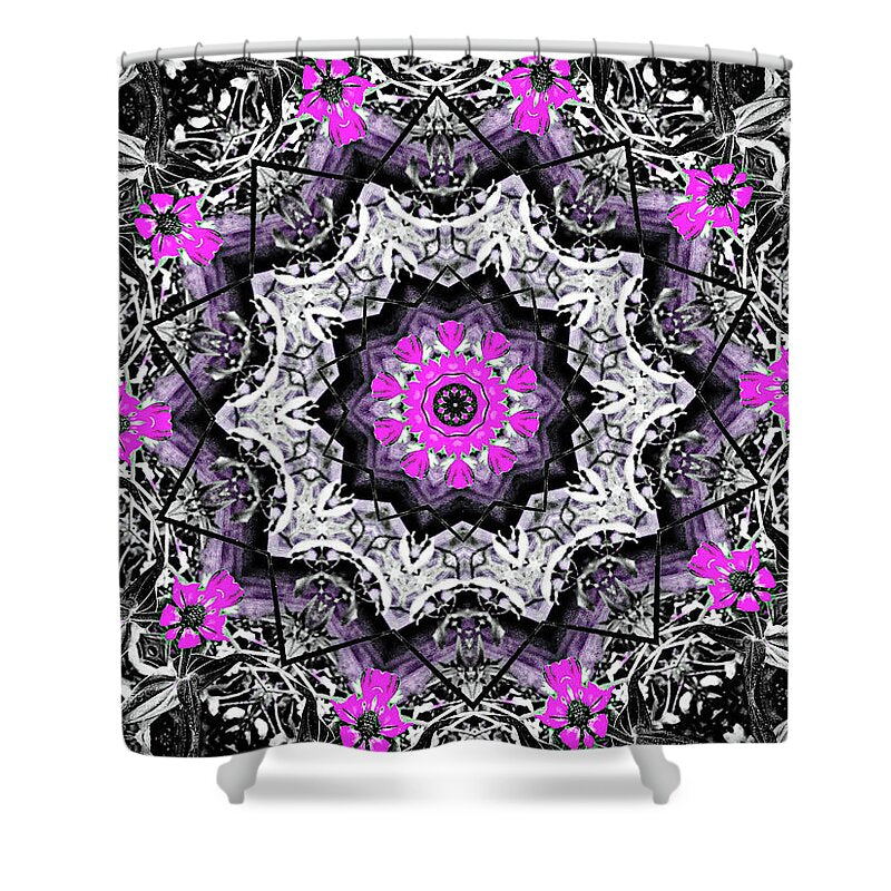Black, white and Magenta Flowers Mandala - Shower Curtain