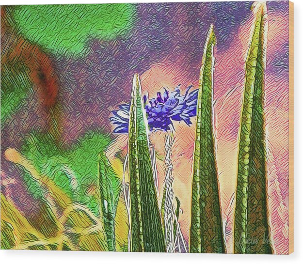 Blue artistic Landscape of a Hidden Flower - Wood Print