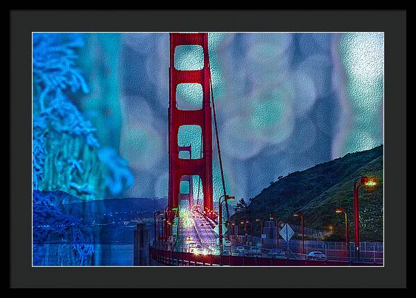 Blue Overlay of Golden Gate Bridge In San Francisco - Framed Print