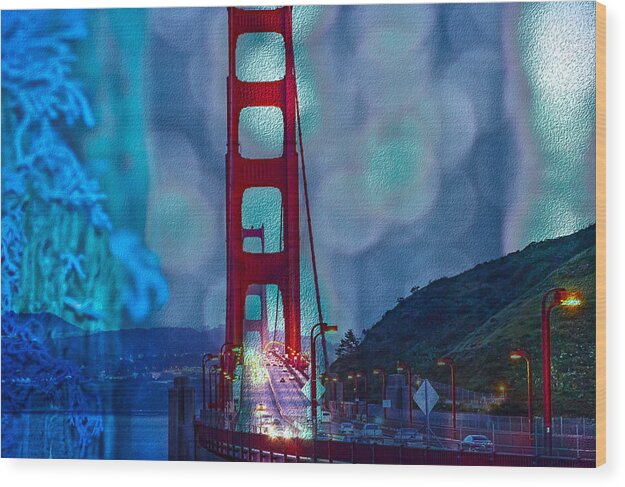 Blue Overlay of Golden Gate Bridge In San Francisco - Wood Print