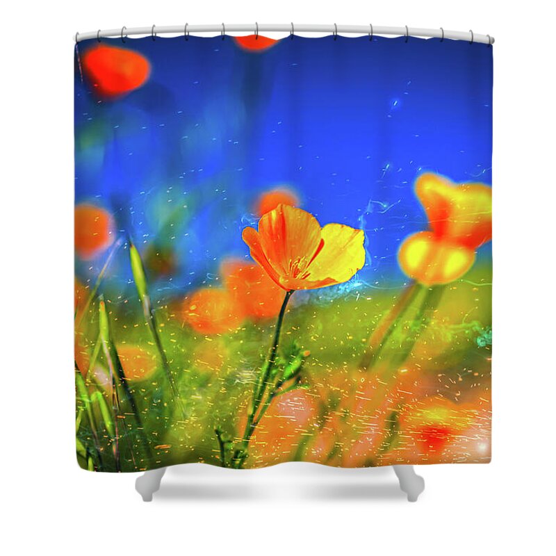 Blue Sky and Orange Poppy with Fireworks in the Air - Shower Curtain