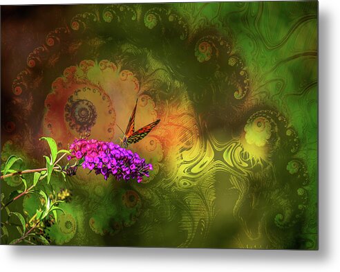 Butterfly on Magenta Flowers with Abstract Design - Metal Print
