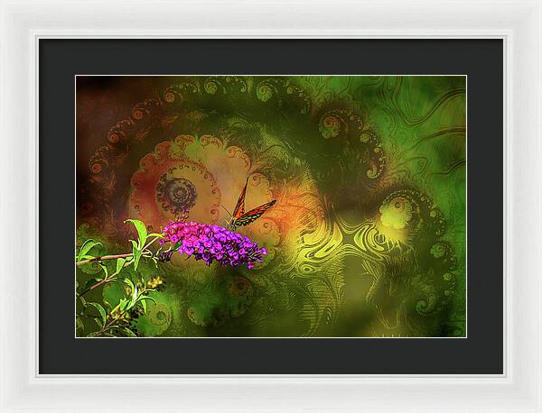 Butterfly on Magenta Flowers with Abstract Design - Framed Print