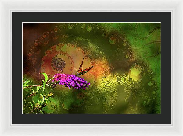 Butterfly on Magenta Flowers with Abstract Design - Framed Print