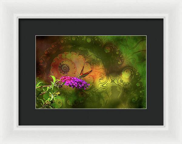 Butterfly on Magenta Flowers with Abstract Design - Framed Print