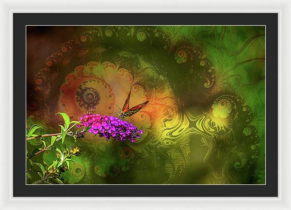 Butterfly on Magenta Flowers with Abstract Design - Framed Print