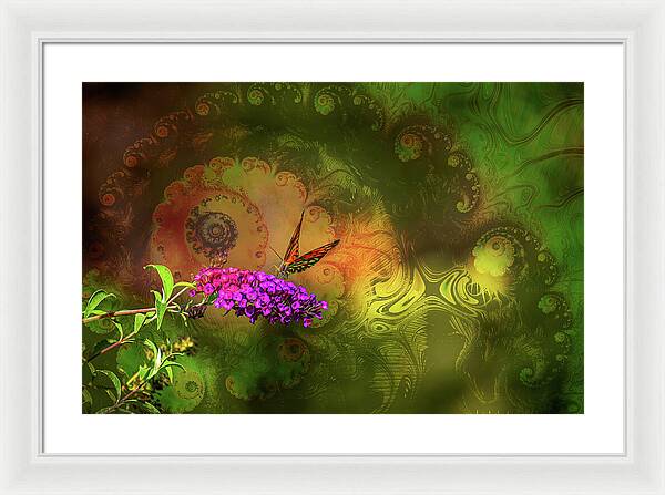 Butterfly on Magenta Flowers with Abstract Design - Framed Print