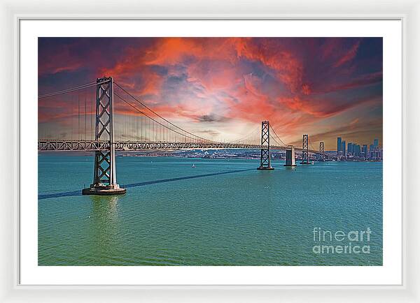 Oakland Bay Bridge Creative Clouds Over The Pacific Ocean in San Francisco - Framed Print