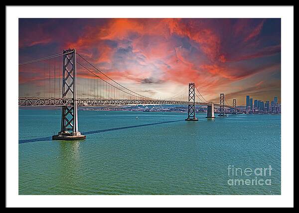Oakland Bay Bridge Creative Clouds Over The Pacific Ocean in San Francisco - Framed Print