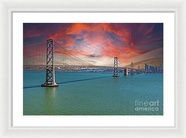 Oakland Bay Bridge Creative Clouds Over The Pacific Ocean in San Francisco - Framed Print