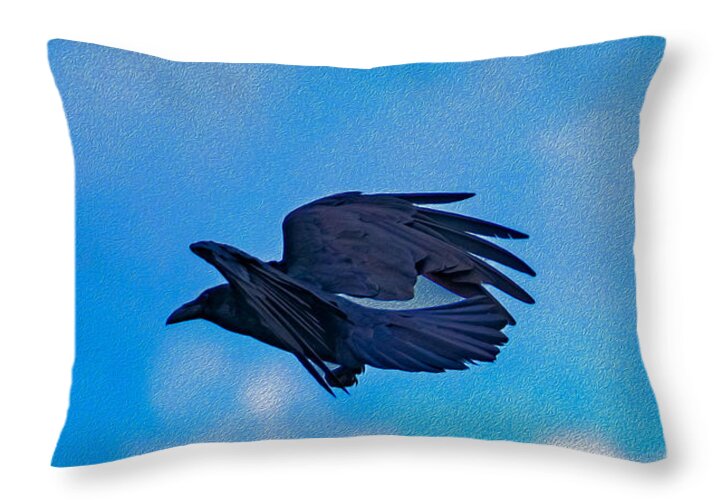 Flying Crow and Blue Sky Background - Throw Pillow