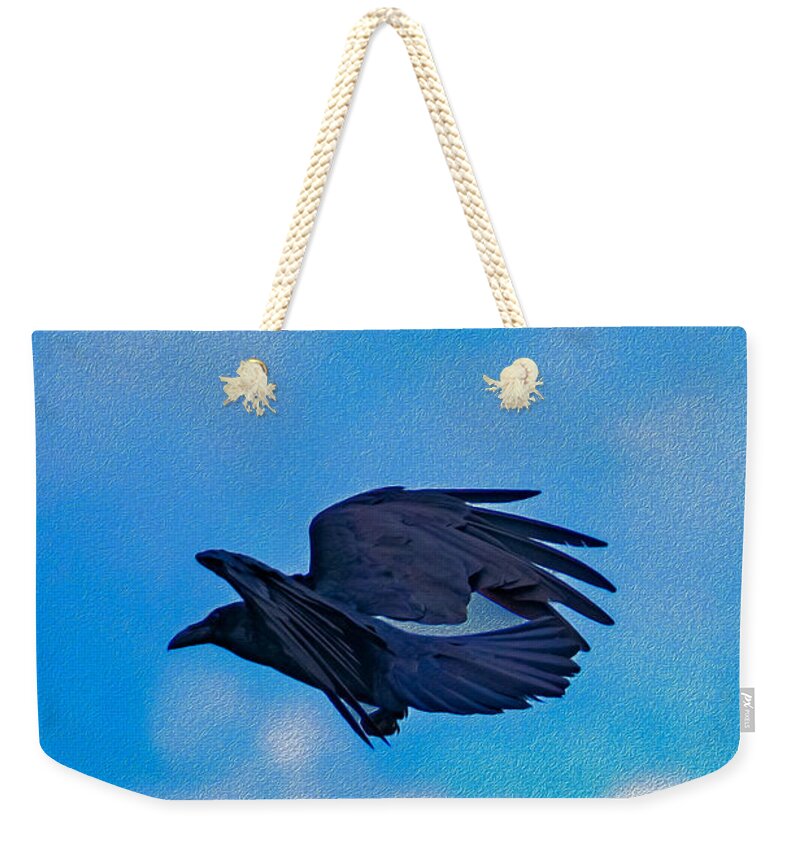 Flying Crow and Blue Sky Background - Weekender Tote Bag