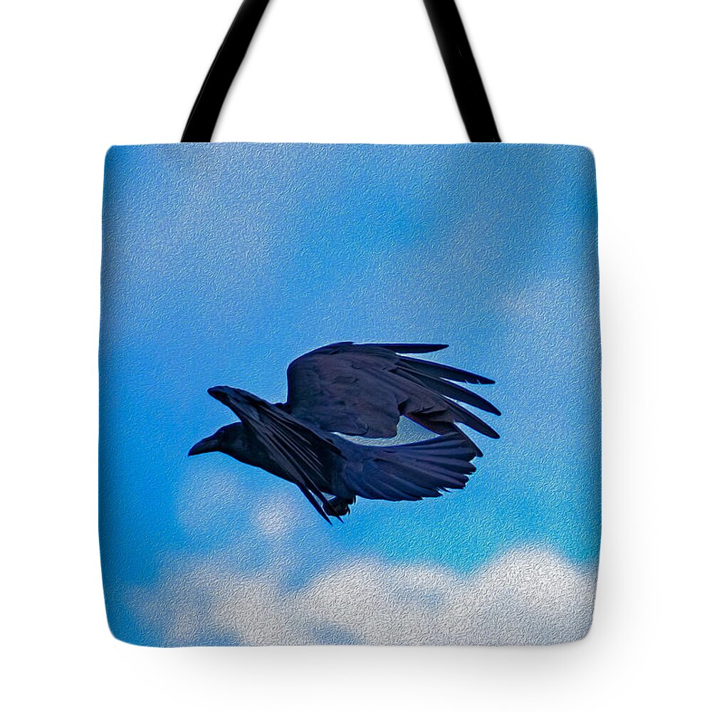 Flying Crow and Blue Sky Background - Tote Bag